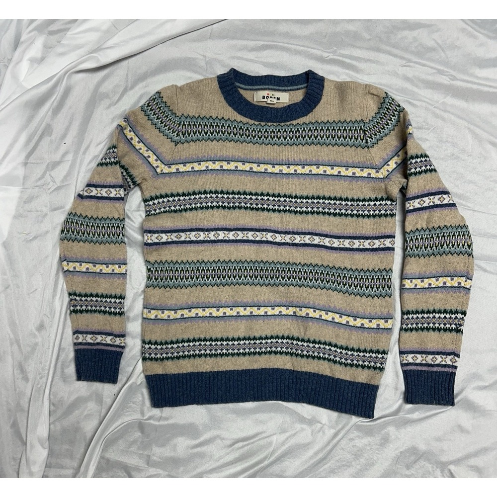 Mini Boden Fair Isle Sweater Tan wBlue Trim Stripes Wool Blend Cabin Core 11-12Y